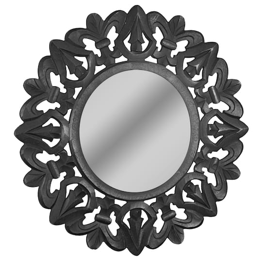 American Art D&#xE9;cor&#x2122; 31&#x22; Black Hand-Carved Wood Medallion Sunburst Accent Mirror